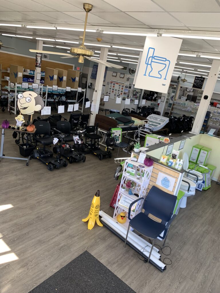 Medical equipment showroom at Westmont Pharmacy featuring mobility aids and home medical equipment